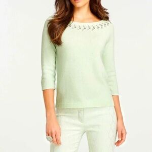 ANN TAYLOR Embellished Wool Blend Seafoam Green Sweater with jewels at neckline